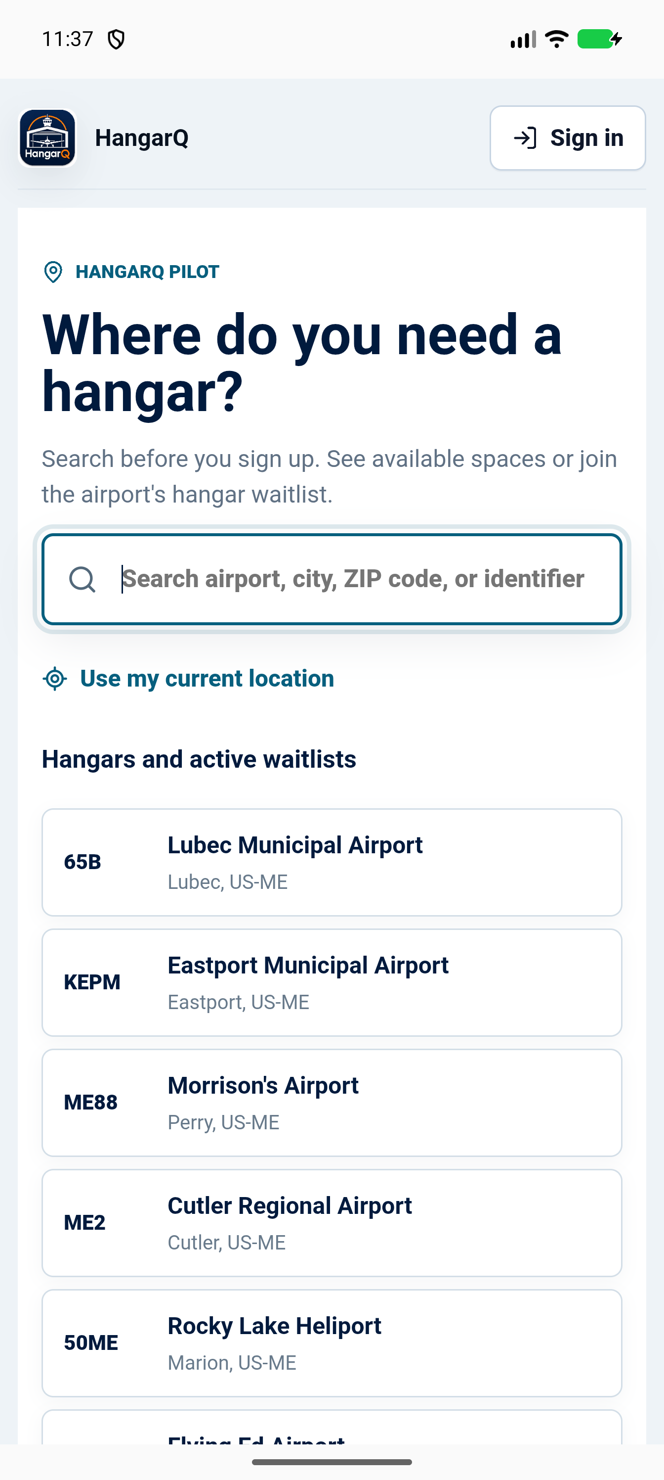 HangarQ mobile airport search showing real airport results